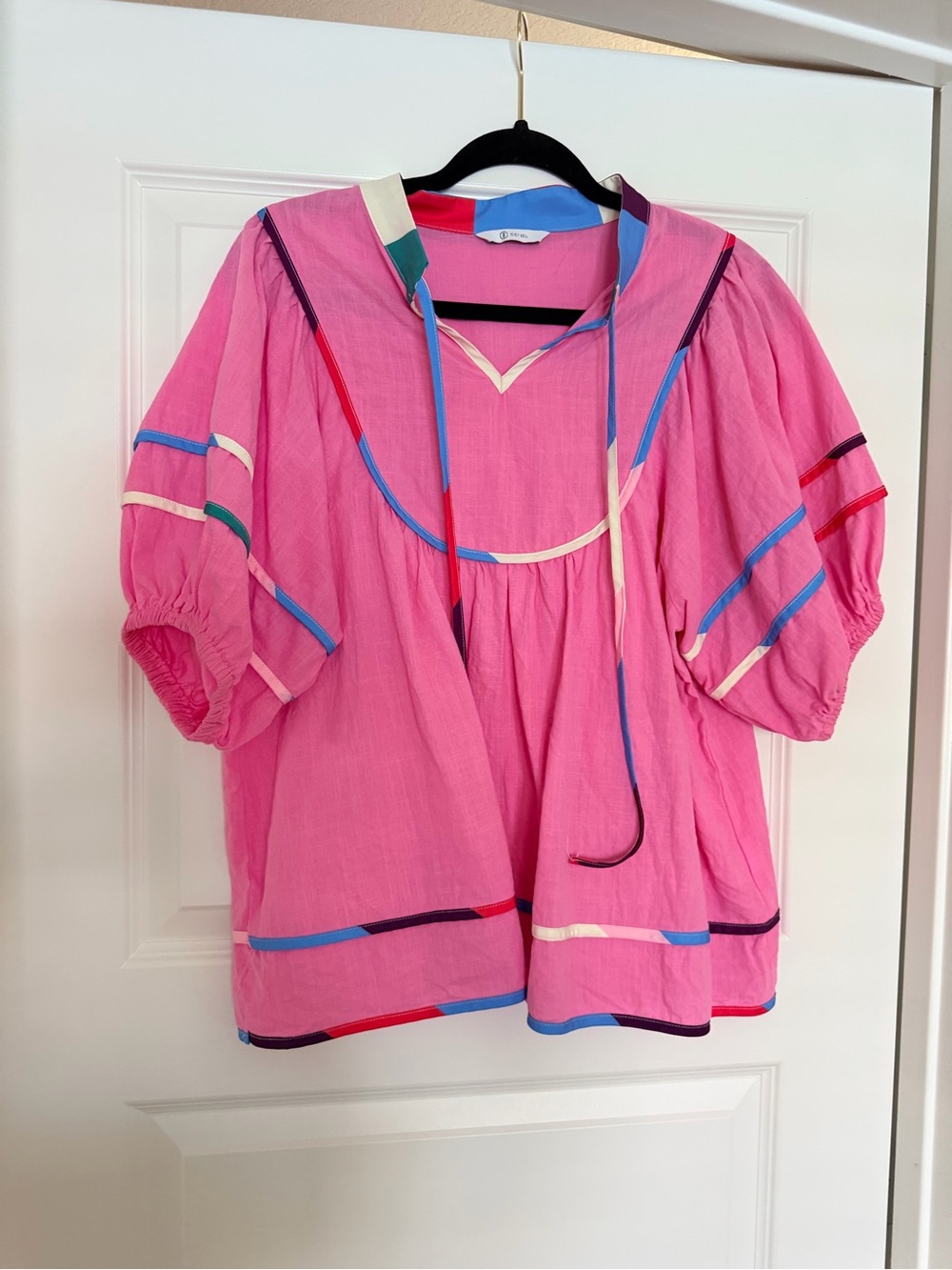 Pink Peasant Top with Multicolor Trim